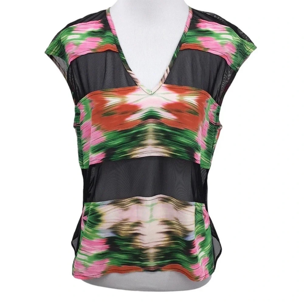 Shipley & Halmos Blouse Womens Small Black Green Tie Dye Cover Up Mesh Top